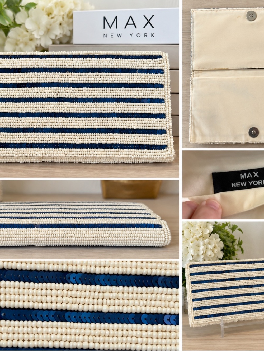 MAX New York Vintage Beaded Clutch Purse Blue Ivory Striped Evening Bag